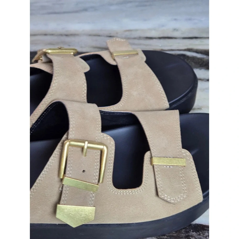 Indigo rd. Womens Tan Faux Suede Double Buckle Platform Slide Sandals Size 9.5 M